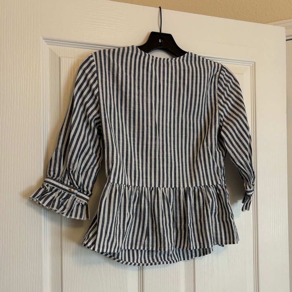 ADELINE Blue and White Striped Blouse with Floral Embroidery - Picture 11 of 12